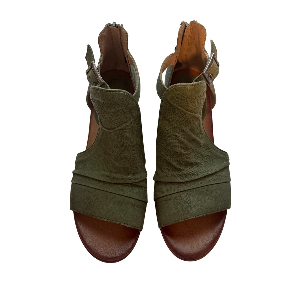 Miz Mooz Coora Leather Sandals Olive Green Embossed Ankle Strap Size 39